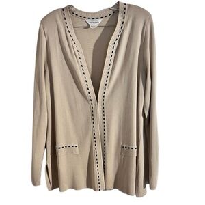Exclusively Misook Women Long Sleeve Line Dot Trim Cardigan Sweater Beige Sz L